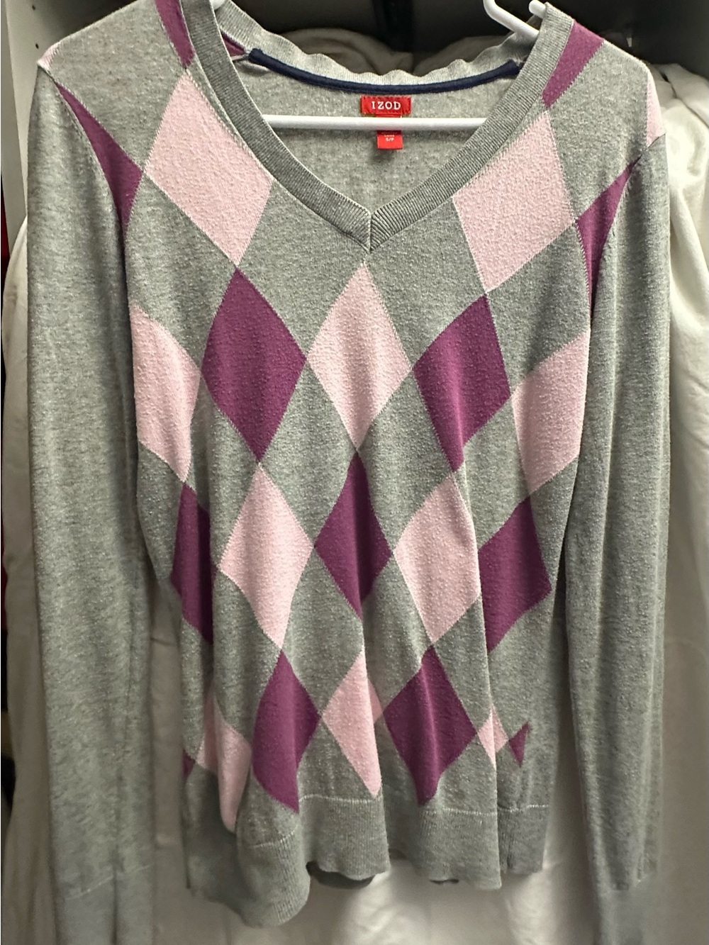 Izod Gray V-Neck Argyle Sweater with Pink and Purple Diamonds